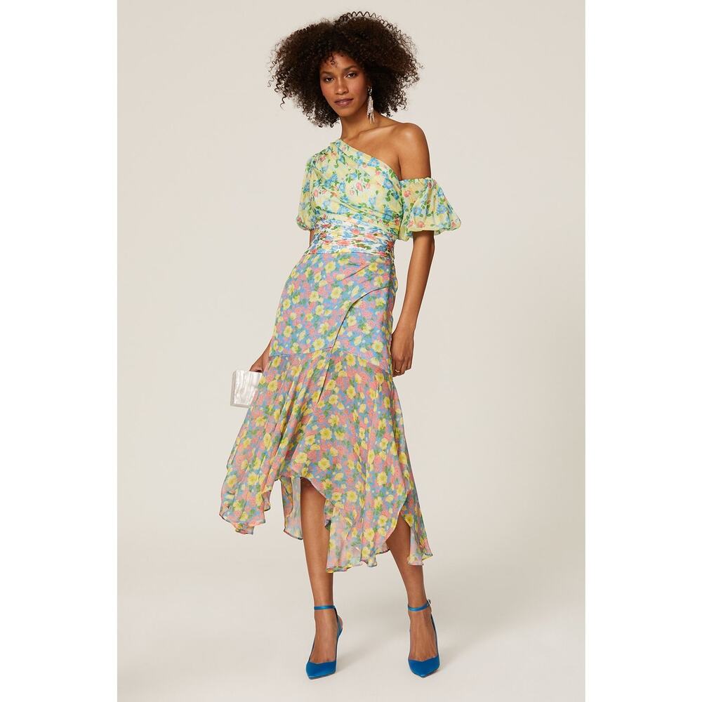 Amur Jaylah Patchwork Floral Print Silk Asymmetrical Midi Dress Size 4